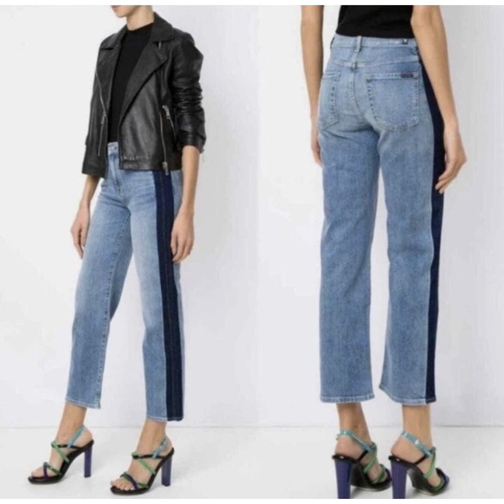 7 For All Mankind Jeans Women 26 Two Tone Cropped Straight Side Stripe Denim